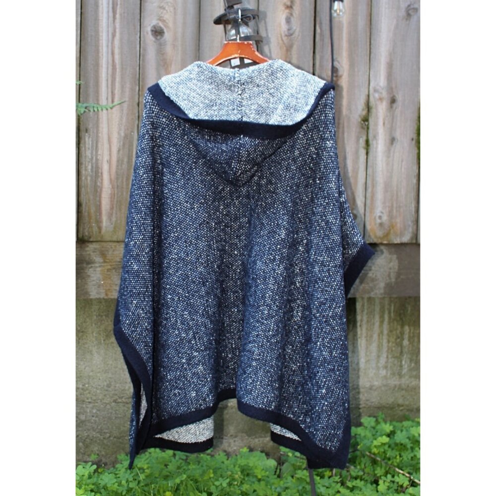 Zara Knit - Women's Stretch Wool Tweed Hooded Poncho in Navy,, Med Oversized - Picture 4 of 10